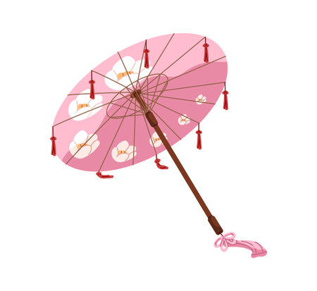 Traditional Japanese umbrella, wagasa. Chinese sunshade, pink Asian parasol with sun protection. Asia brolly with sakura of japan culture. Flat isolated vector illustration on white backgroundのイラスト素材