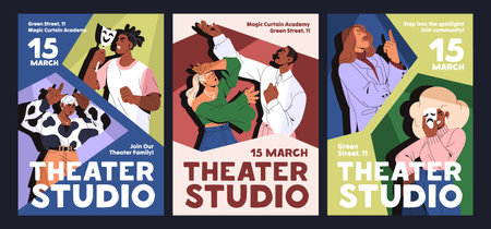 Designs of theater performance event poster set. Templates of acting skills class promotion. Advertising of theatrical studio. Actresses, actors and artists play roles. Flat vector illustrationsのイラスト素材
