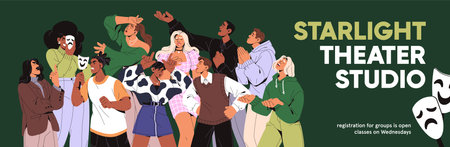 Design of advertising banner of acting skill school. Template of theatrical art class promotion. Theater troupe of actors, actress on lesson. Artists, performers play roles. Flat vector illustrationのイラスト素材
