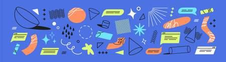 Set of geometry items. Different maths figures, outline geometric shapes: circles, cylinders. Abstract signs, elements, speech bubbles, doodles, lines, forms. Flat isolated vector illustrationsのイラスト素材