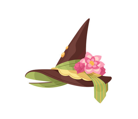 Wizard pointed hat with bloom flower. Cute decorated magic headdress, mage cap, pointy witch head accessory. Fairy, sorceress Halloween party costume. Flat isolated vector illustration on whiteのイラスト素材