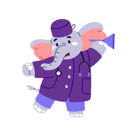 Cute elephant ENT doctor with stethoscope. Anthropomorphic animal pediatric doc, pediatrician, otolaryngologist with medic equipment. Kids health care. Flat isolated vector illustration on whiteのイラスト素材