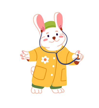 Happy anthropomorphic bunny pediatrician listens to with stethoscope. Cute animal doctor does examination. Rabbit pediatric doc, hare medic. Health care. Flat isolated vector illustration on white.のイラスト素材