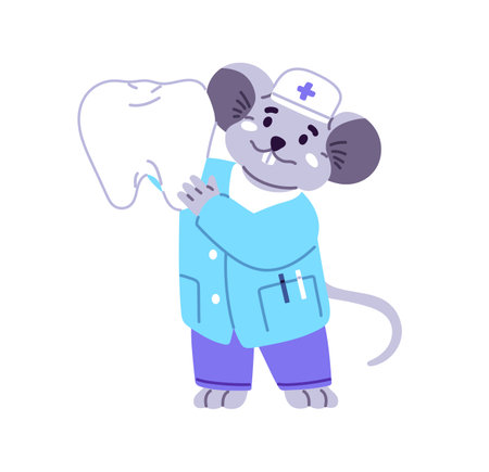 Cute mouse pediatric dentist holds tooth. Happy animal doctor cares about dental health, oral hygiene. Pediatrician, medic of kids stomatology. Flat isolated vector illustration on white background.のイラスト素材