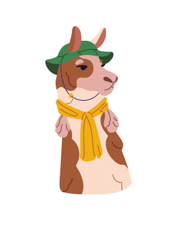 Cute llama in bucket hat avatar. Lama with trendy scarf on neck. Happy alpaca, guanaco is dressed. Mexican animal character wears fashion clothes. Flat isolated vector illustration on white backgroundのイラスト素材