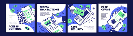 Designs of contactless cashless payment app advertising card set. Promotion of NFC technology. Templates with paying by QR, pos machine, money transaction by mobile phone. Flat vector illustrationsのイラスト素材