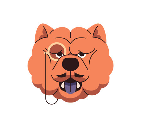 Avatar of dog, puppy in Halloween party suit with monocle, mustache. Cute portrait of Chow-Chow with happy muzzle in carnival costume of gentleman of 19th. Flat isolated vector illustration on whiteのイラスト素材