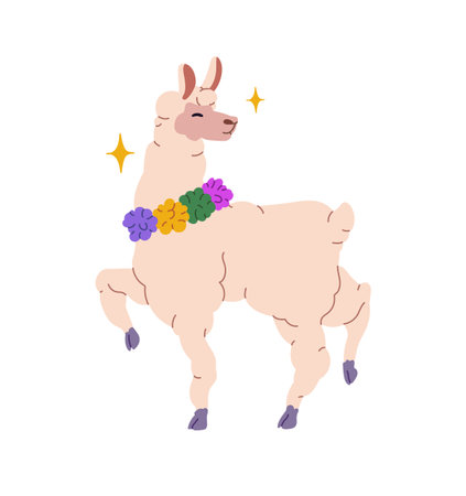 Happy graceful llama with Mexican necklace posing. Funny lama with glowing stars standing, smiling. Cute fluffy animal of Peru, alpaca character. Flat isolated vector illustration on white backgroundのイラスト素材