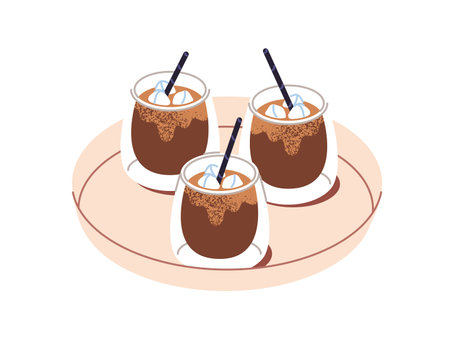 Serving of cold coffee in glass cups with straw on wooden tray. Cool drinks with ice cubes in cafe. Beverages with milk in transparent mugs. Flat isolated vector illustration on white backgroundのイラスト素材