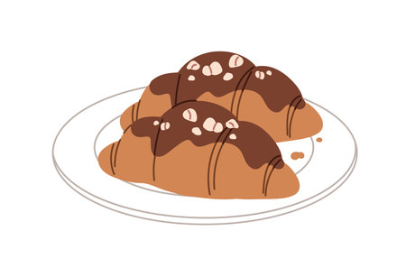 Icon of two almond croissants with icing on plate. Fresh baked puff pastry for breakfast. Traditional French bakery. Flour food, tasty eating. Flat isolated vector illustration on white backgroundのイラスト素材