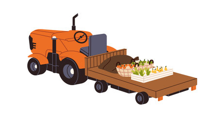 Farmer tractor with trailer to carry farm harvest in crates bags, baskets. Agriculture machinery with gathered garden crop. Farming transport. Flat isolated vector illustration on white backgroundのイラスト素材