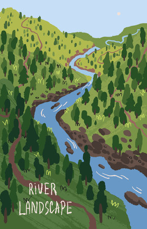 Inspired poster design with green mountain landscape. Wild nature with grass hills, sunny meadows, trees on river bank. Rock scene with forest. Countryside scenery, view. Flat vector illustrationのイラスト素材