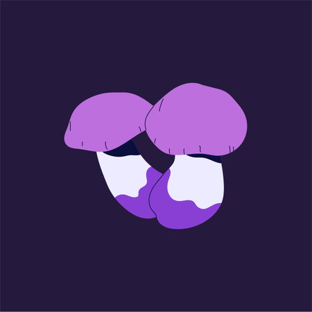 Magic venomous mushroom with violet cap. Purple poisonous boletus, psychedelic forest fungus. Hallucinogenic toadstool, amanita. Inedible bolete, woodland fungi. Flat isolated vector illustrationのイラスト素材
