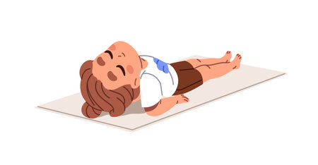 Happy kid is lying on back on mat, practices yoga in fish pose. Cute child relaxes in asana. Little boy or girl training, does sports exercises in workout. Flat isolated vector illustration on whiteのイラスト素材