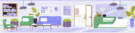 Interior of empty hospital hall with reception counter. Waiting room for patients of clinic, medical center. Medic department with cozy sofas, seats in lounge zone, area. Flat vector illustrationのイラスト素材