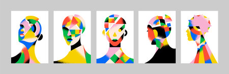Set of posters with abstract woman faces. Contemporary wall arts with female head silhouettes with geometric shapes. Creative interior decoration, design of home decor. Flat vector illustrationsのイラスト素材