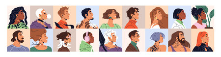 Diverse people avatars set. Trendy portraits of different men and women side view. Faces of various modern male and female for user profile. Flat isolated vector illustrations on white backgroundのイラスト素材