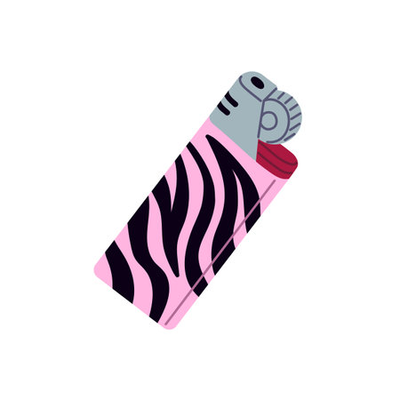 Design of cute fluid or gas lighter. Modern equipment, accessory for smoking. Pink tool with striped pattern for burning fire, cigarette. Flat isolated vector illustration on white backgroundのイラスト素材