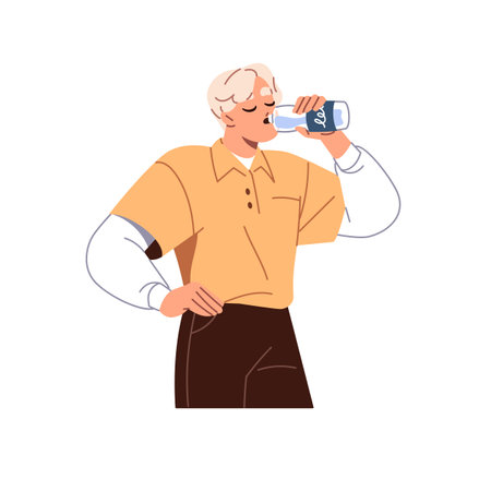 Thirsty young man drinks iced water from plastic bottle. Boy quenches thirst, stays hydrated. Person holds container with refreshing beverage. Flat isolated vector illustration on white backgroundのイラスト素材