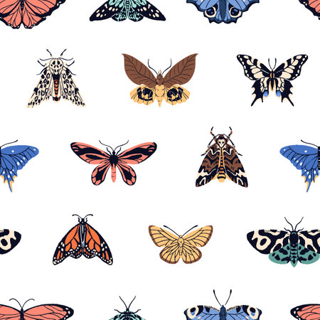 Repeatable pattern of different of exotic butterflies, tropical species of moth. Endless background of monarch, swallowtail, flying Insects with ornamented wings. Flat seamless vector illustrationのイラスト素材