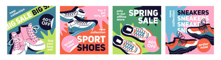 Set of advertising cards with sales on sneakers. Design of coupons, vouchers with special offer, price off for trainers. Templates with discounts for boots, footwear in shop. Flat vector illustrationsのイラスト素材