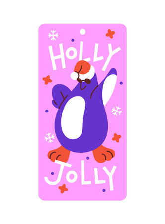 Cute design of Christmas gift tag. Funny template of hanging badge, label for New Year presents. Xmas greeting card for winter holidays with festive penguin character. Flat vector illustrationのイラスト素材