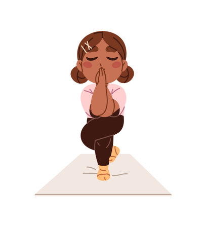 Cute child practices yoga, meditates. Happy little girl training balance in eagle pose. Black kid stands with crossed legs and hands, does sports workout. Flat isolated vector illustration on whiteのイラスト素材