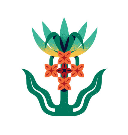 Abstract flower with symmetrical shape. Geometric wildflower with leaves, little red buds. Modern bloom plant with twisted form. Floral decor. Flat isolated vector illustration on white backgroundのイラスト素材