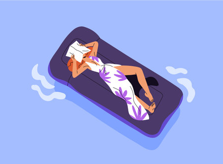 Woman tans in sun on pool raft in sea. Tourist is sunbathing on inflatable mattress in ocean top view. Girl in dress floating, lying on floater on water in summer. Flat isolated vector illustrationのイラスト素材