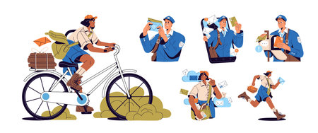 Postmen carry letters set. Mailmen are running, riding on bike to deliver parcels, mails. Concept of express delivery. Post workers with correspondence. Flat isolated vector illustrations on whiteのイラスト素材