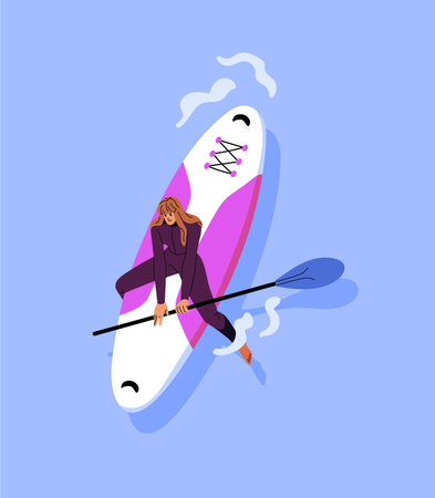 Young woman in swimsuit sits on supboard on water top view. Happy girl makes surfing on sup board in sea resort. Surfer with paddle is floating on ocean in summer. Flat isolated vector illustrationのイラスト素材