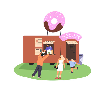 People buy doughnuts in food truck in amusement park in summer. Vendor sells donuts in stall, camper kiosk outdoors. Fastfood festival in nature. Flat isolated vector illustration on white backgroundのイラスト素材