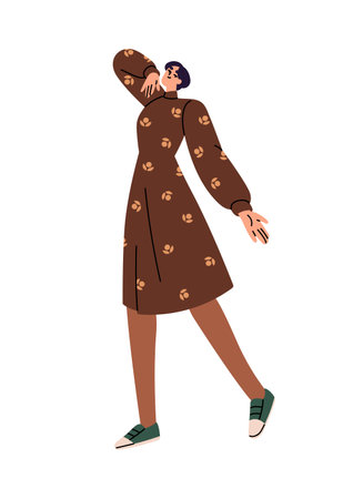 Joyful girl with short hair has fun, moves with music at the party. Happy dancer in cute dress dances. Young woman smiles, rejoices, celebrates success. Flat isolated vector illustration on whiteのイラスト素材