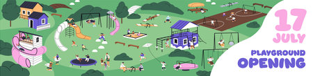 Opening of kids playground with equipment event banner design. Advertising template with play ground for children. Kindergarten outdoors with slides, sandbox, swings. Flat vector illustrationのイラスト素材