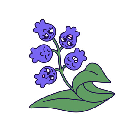 Funky bluebells with happy faces, leaves. Blue flowers in groovy style with funny emotions. Retro comic bloom plant with smile, facial expression. Flat isolated vector illustration on white backgroundのイラスト素材
