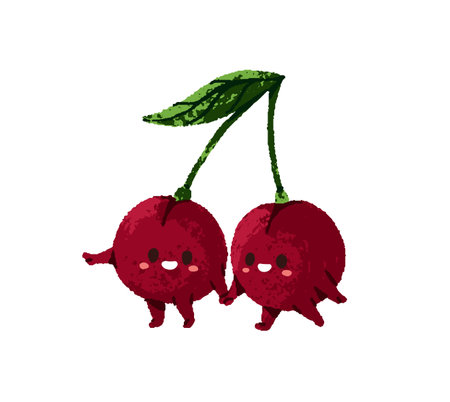 Cute couple of cartoon cherries hold hands and walk, go together. Children characters of red berries...