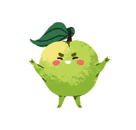 Happy green apple rejoices at win, success with gesturing. Cute children character of funny fruit celebrates victory, has fun with hands up. Flat isolated drawing vector illustration on whiteのイラスト素材