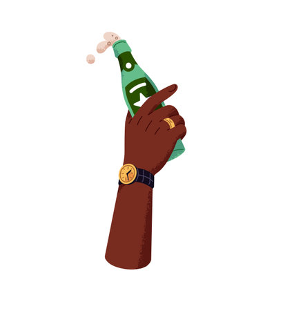 African American human hand with open glass bottle of foaming beer. Person ups alcohol drink to cheers at the party. Man or woman raises booze to clink. Flat isolated vector illustration on whiteのイラスト素材