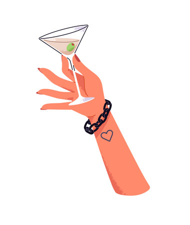 Female hand with manicure and wristband cheers with wineglass of martini cocktail. Woman holds and ups glass of alcohol drink with olive at the party. Flat isolated vector illustration on whiteのイラスト素材