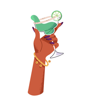 Woman holds glass of tequila decorated with slice of lime and hand ups to clink. Female with manicure cheers with cocktail, alcohol drink at the party. Flat isolated vector illustration on whiteのイラスト素材