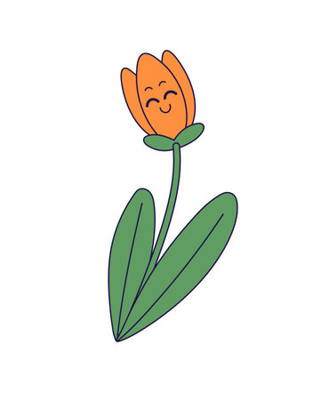 Funky tulip with green leaves smiles. Cute flower in retro groovy style with happy emotions. Funny wildflower with joyful expression on face. Flat isolated vector illustration on white backgroundのイラスト素材