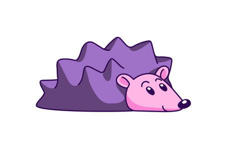 Purple kids plush toy of cute hedgehog. Funny violet character of happy prickly animal of forest. Baby rodent with needles for child play games. Flat isolated vector illustration on white backgroundのイラスト素材