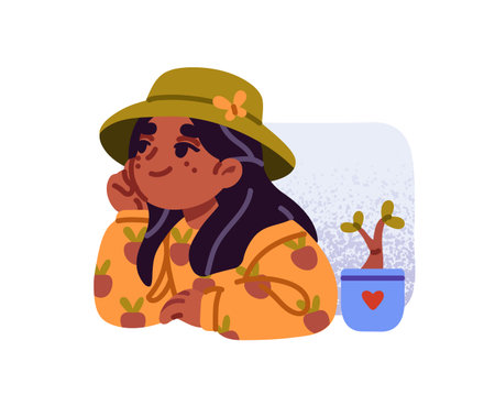 Cute kid with houseplant on sill looking out from window. Happy child peeking outside, looks away, dreams. Little girl leans on windowsill, peeps. Flat isolated vector illustration on white backgroundのイラスト素材