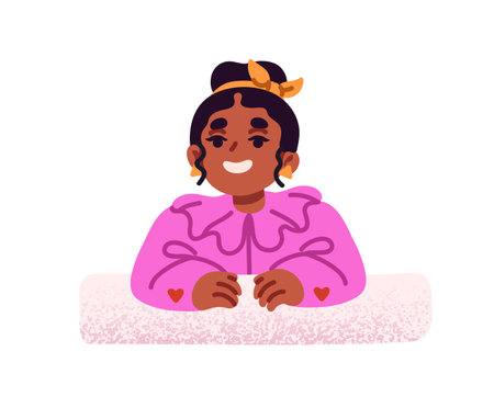 Cute African American little girl sits at the desk. Happy child peeking, looking out from behind wall. Portrait of black kid with smile on face. Flat isolated vector illustration on white backgroundのイラスト素材