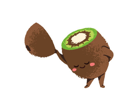 Funny kiwi character bows and takes off its hat. Happy tropical fruit welcomes, says hello with gesture. Cute gentleman is greeting. Flat isolated drawing vector illustration on white backgroundのイラスト素材