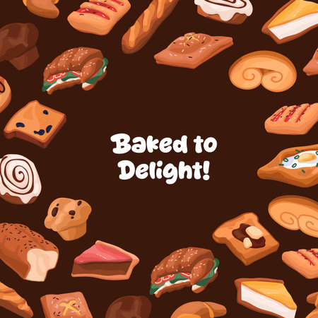 Design of card with round border of bakery and place for text. Circle frame from pastry, baked products, flour desserts, tasty food, bread, cakes. Advertising of bakehouse. Flat vector illustrationのイラスト素材