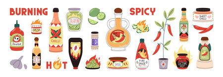 Set of spicy sauces. Bottle of hot chilli pepper, glass jar of jalapeno, salsa. Packaging of burning Mexican chili, fire condiment, spice. Flat isolated vector illustrations on white backgroundのイラスト素材
