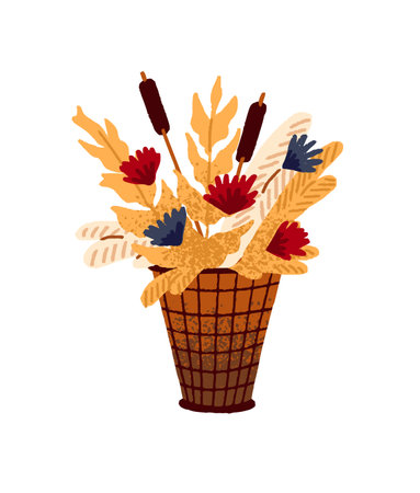 Dry flowers, canes in basket. Faded bloom plants, cattails in vase. Cozy autumn bouquet in bucket. Decoration with fall aesthetics. Flat isolated hand drawn vector illustration on white backgroundのイラスト素材