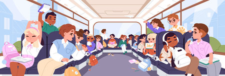 Happy kids are inside school bus. Children sit on seats while road trip. Boys and girls, students...