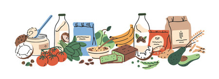 Heap of vegetarian food. Banner with lots of grocery products for vegans. Pile of eating for healthy nutrition. Different milk, vegetables, fruit, soy. Flat isolated vector illustration on whiteのイラスト素材
